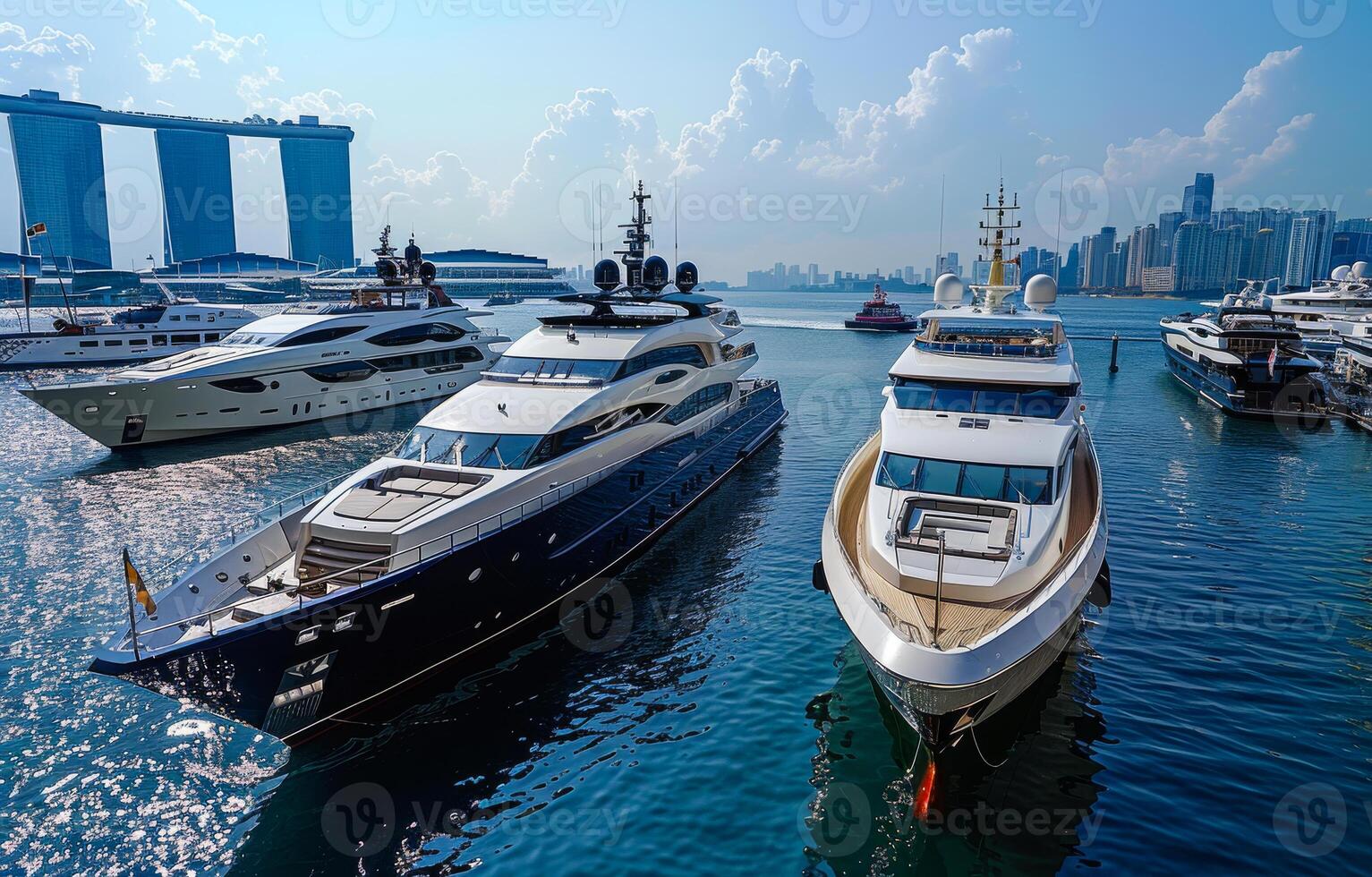 Luxury yachts and motor boats in the marina of Singapore photo