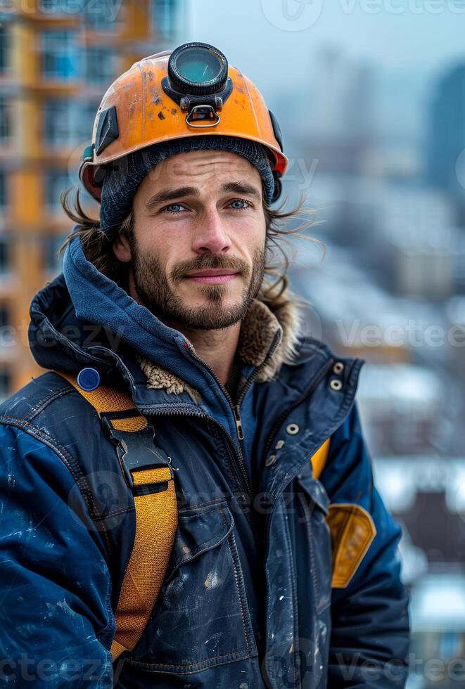 Portrait of handsome climber on the background of the city photo