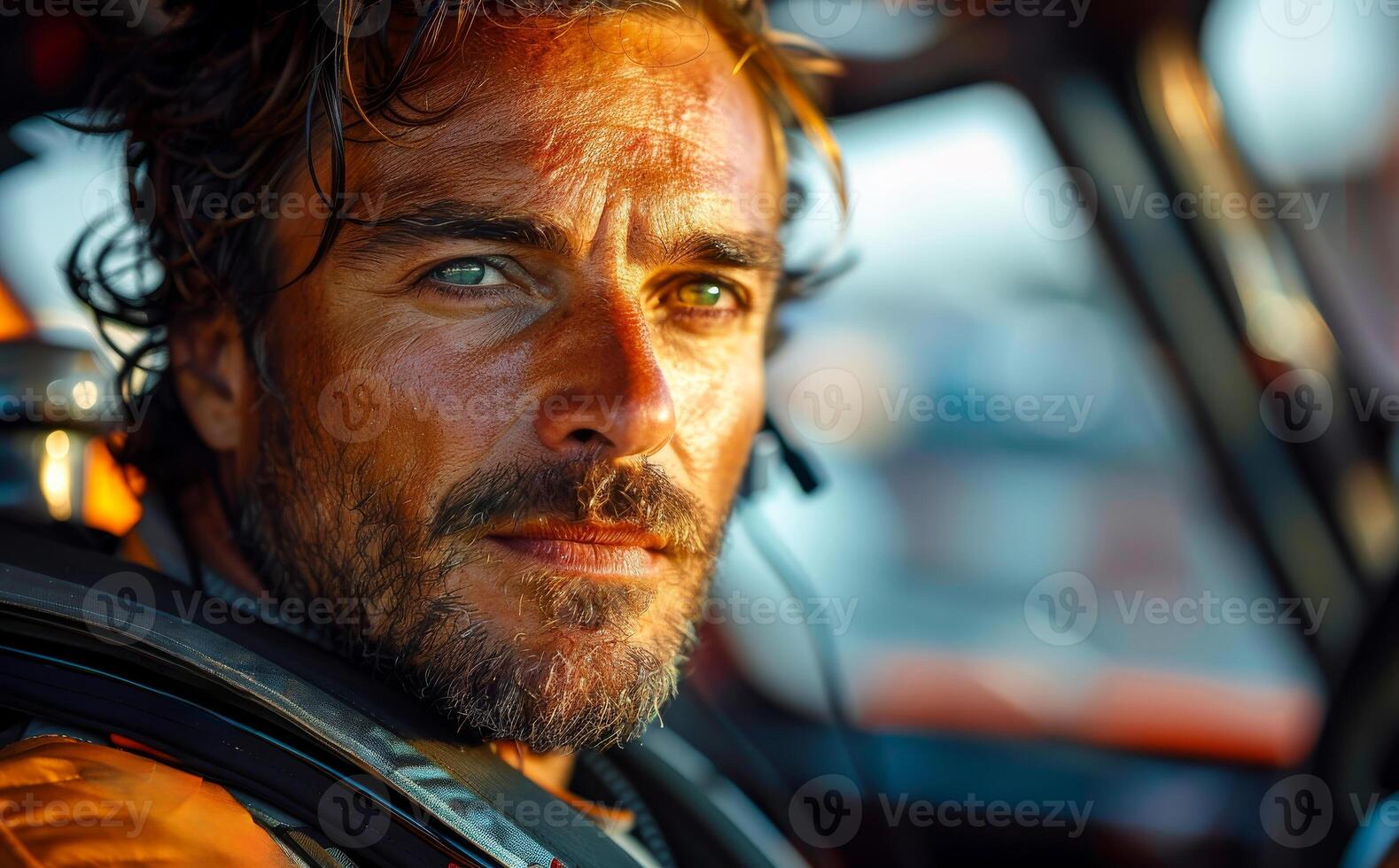Close-up portrait of handsome man with beard and mustache driving car photo