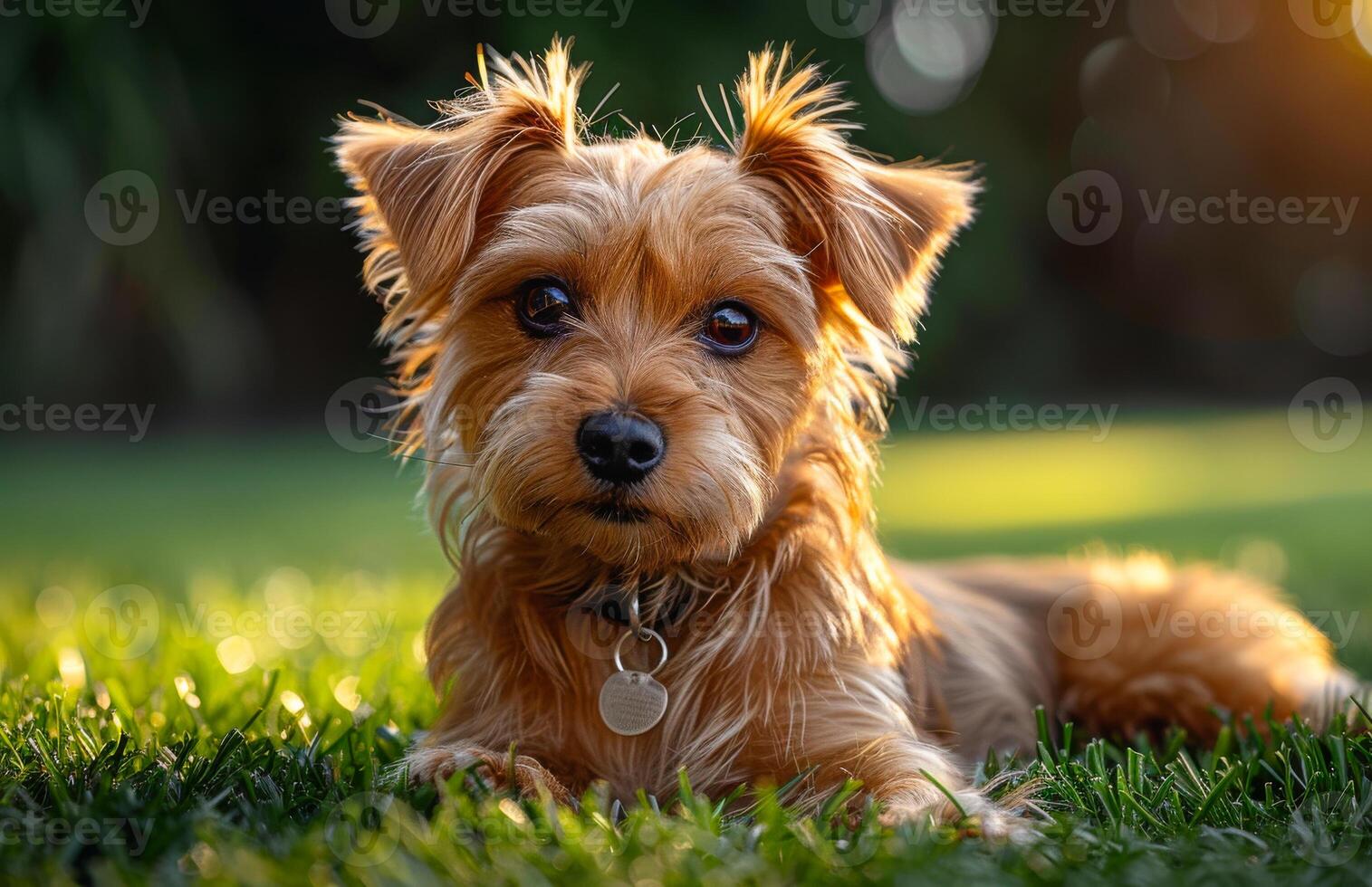 Small brown dog is laying in the grass with tag around its neck. photo