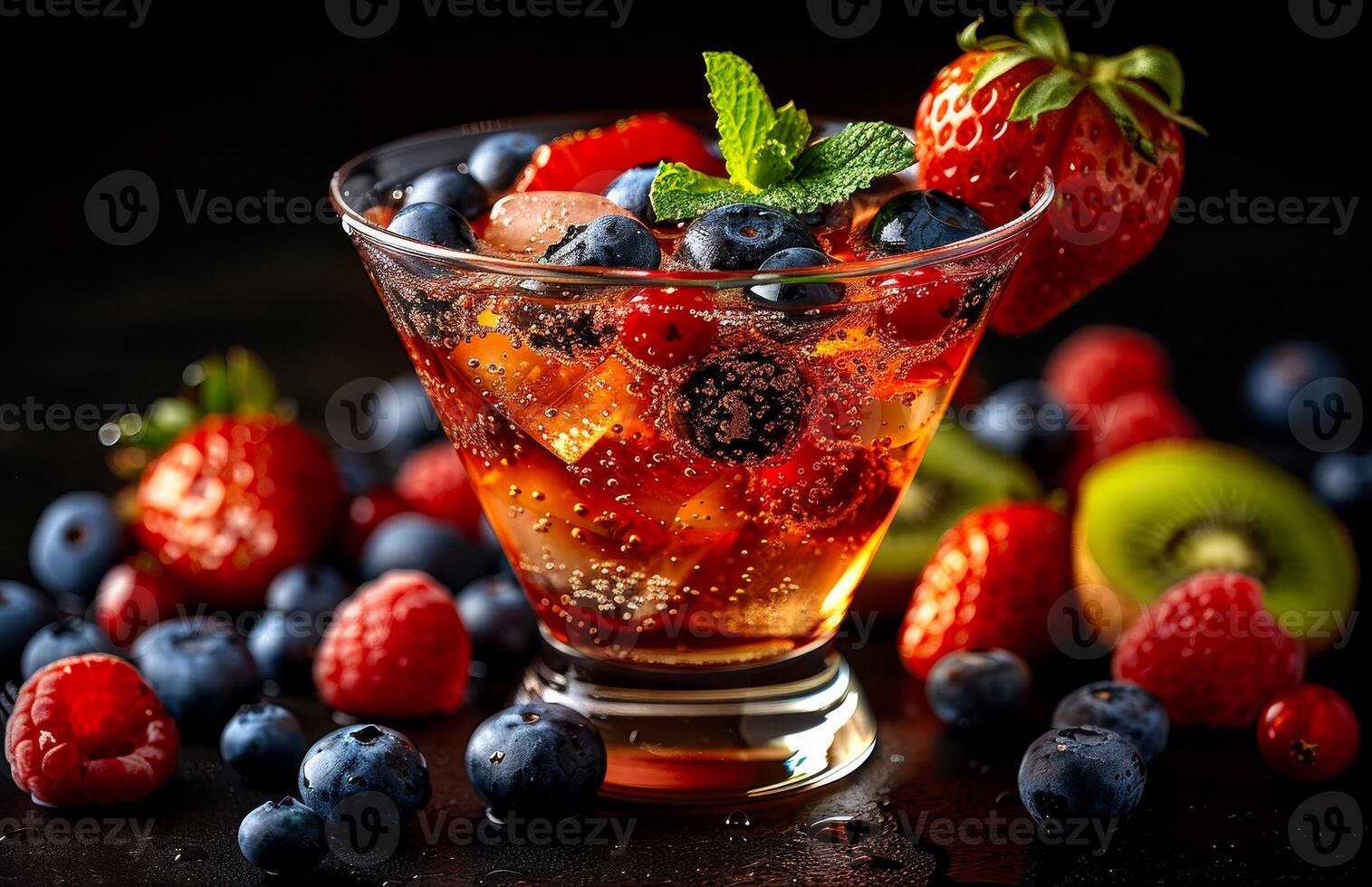 Glass of fresh fruit cocktail with strawberries blueberries raspberries mint and ice cubes photo