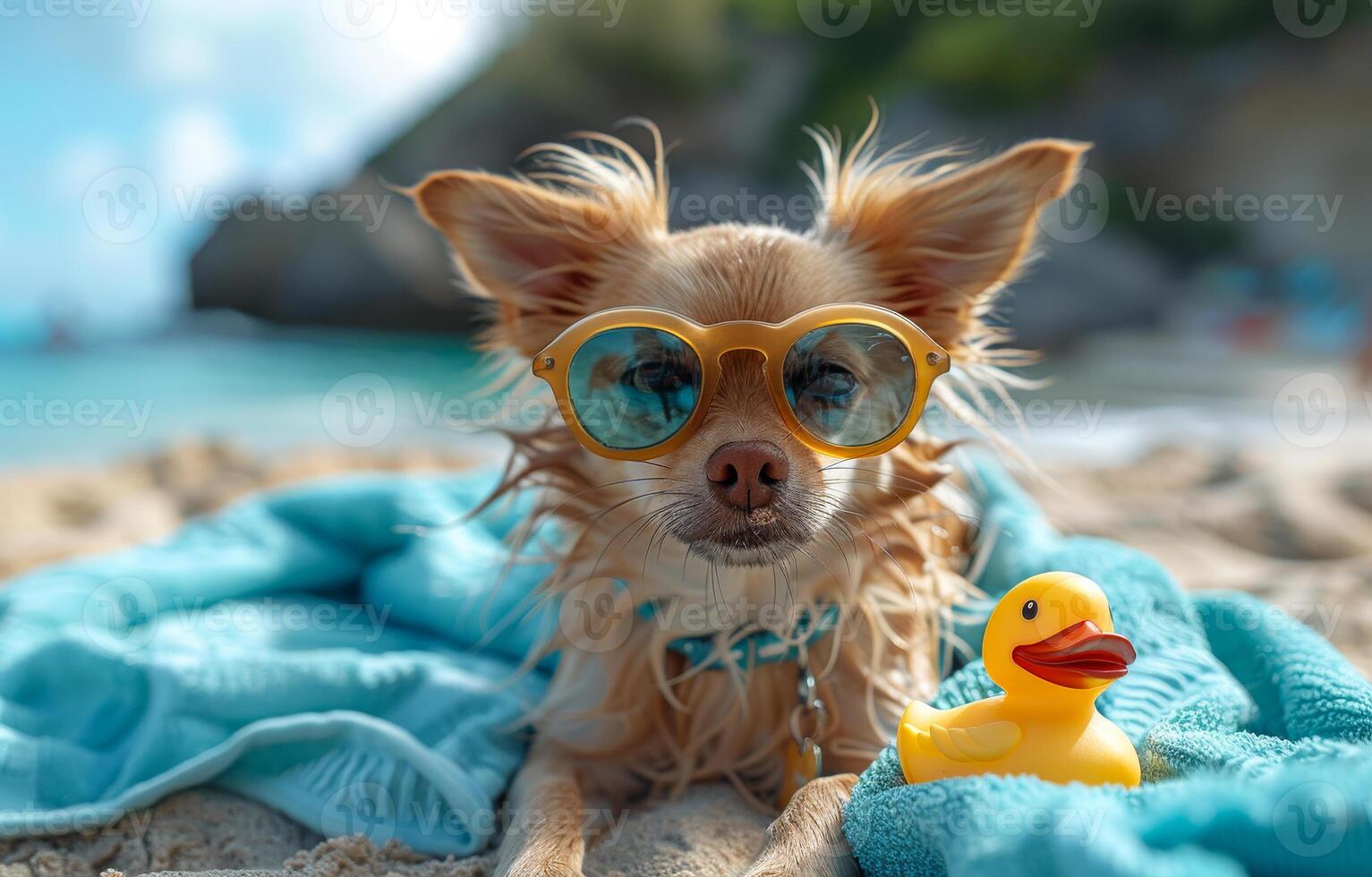 Chihuahua dog relaxing and resting dog all dressed up and sunglasses at the beach ocean shore photo