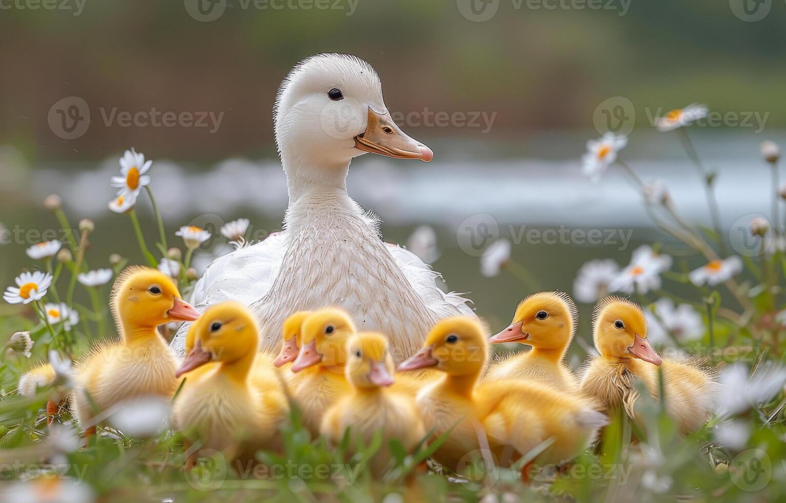 Duck family on the river bank. A white duck with yellow baby ducks in front of it photo