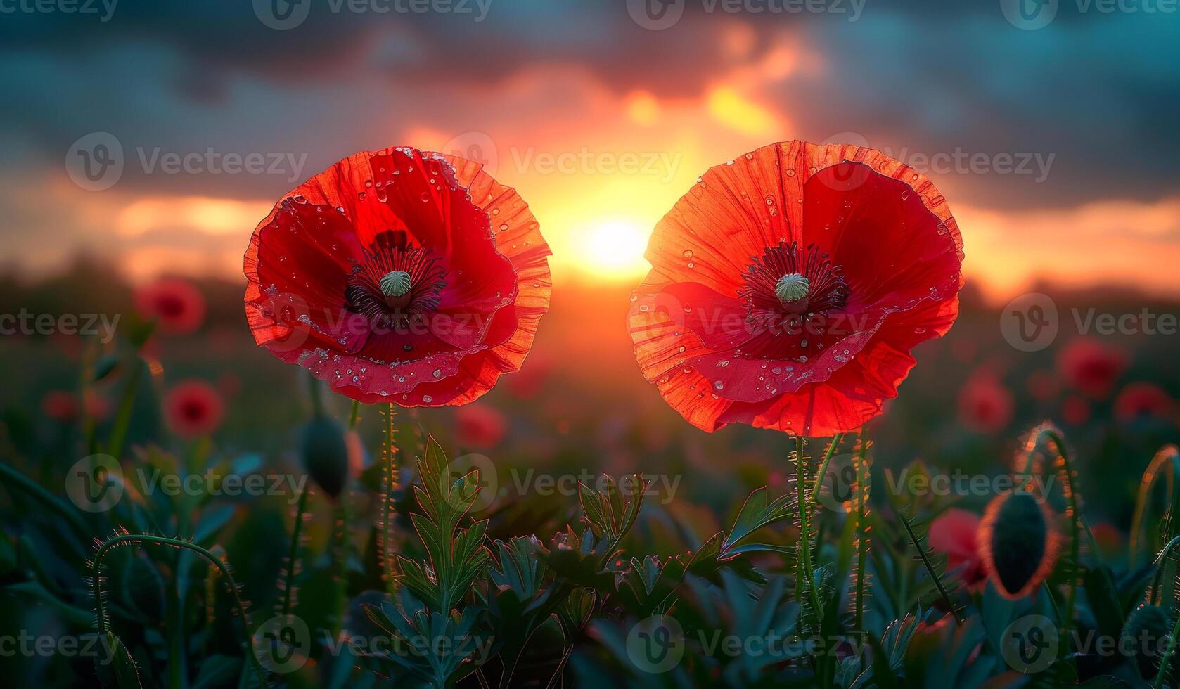 Red poppies in the field in the sunset light. beautiful nature background photo