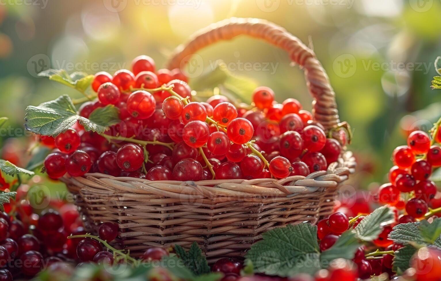 Basket with red currants on bed in the garden photo
