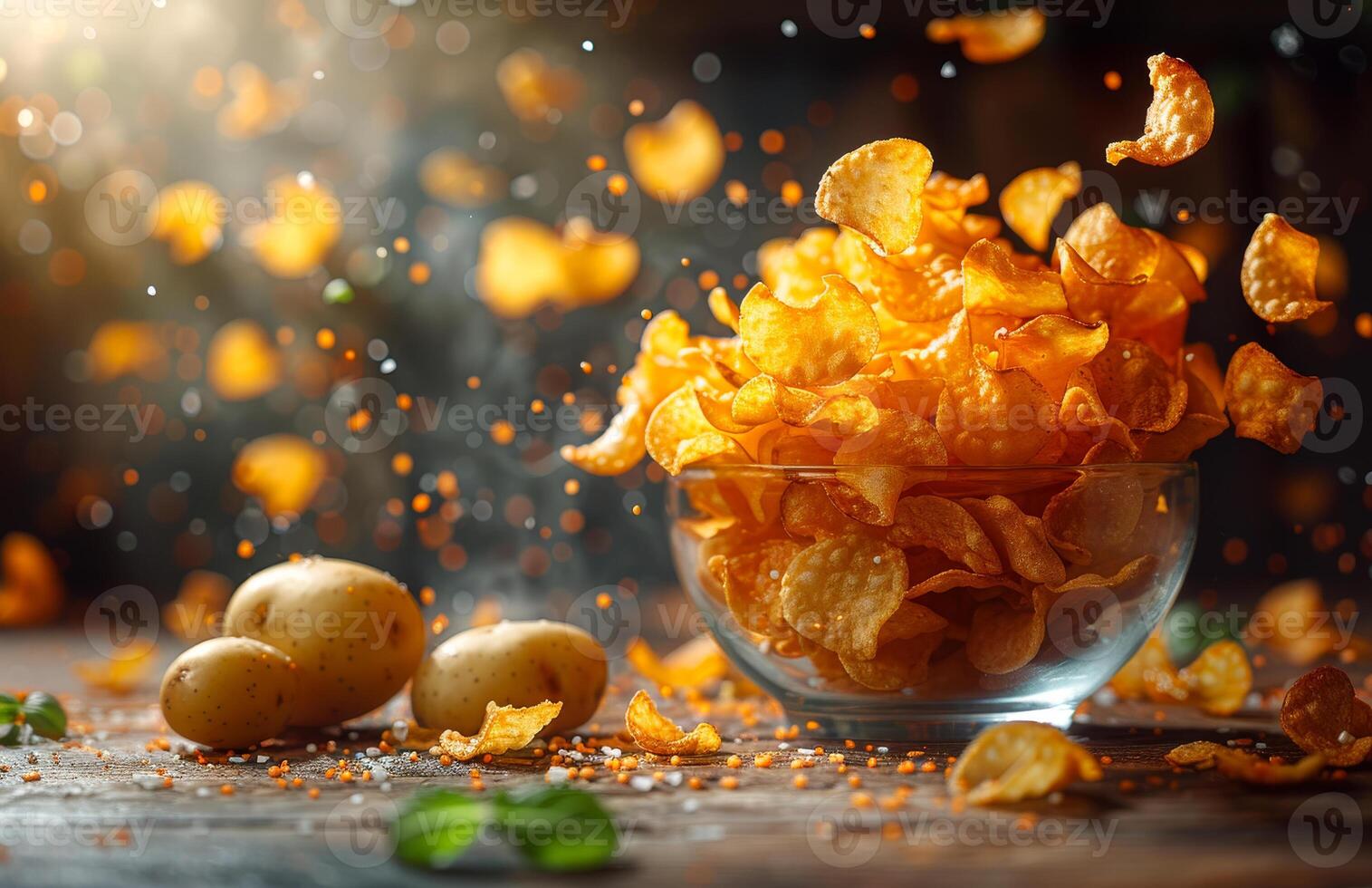 Potato chips and potato in glass bowl on dark background photo