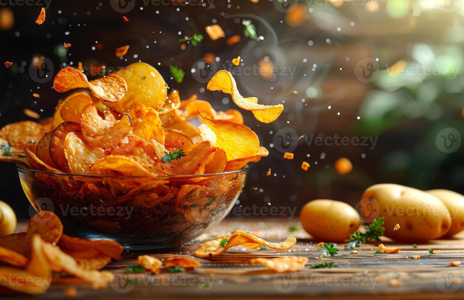 Potato chips falling into bowl with fresh vegetables smoke and sunlight photo