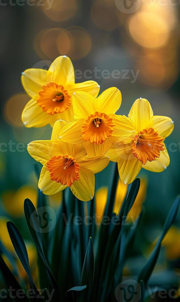 Yellow daffodils in the garden. A photo of daffodils blooming in the garden