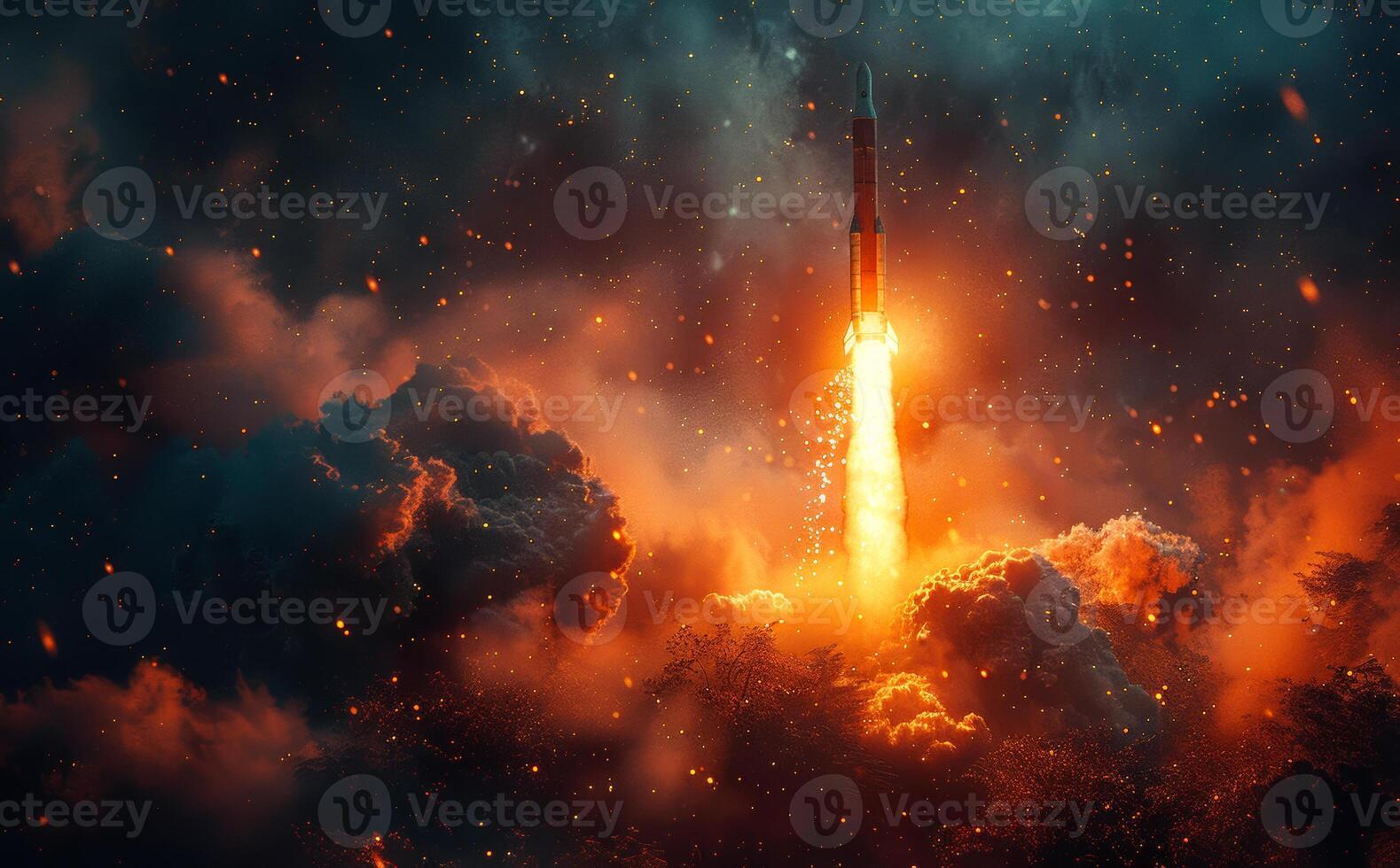 Rocket flies through the clouds with flames and smoke photo