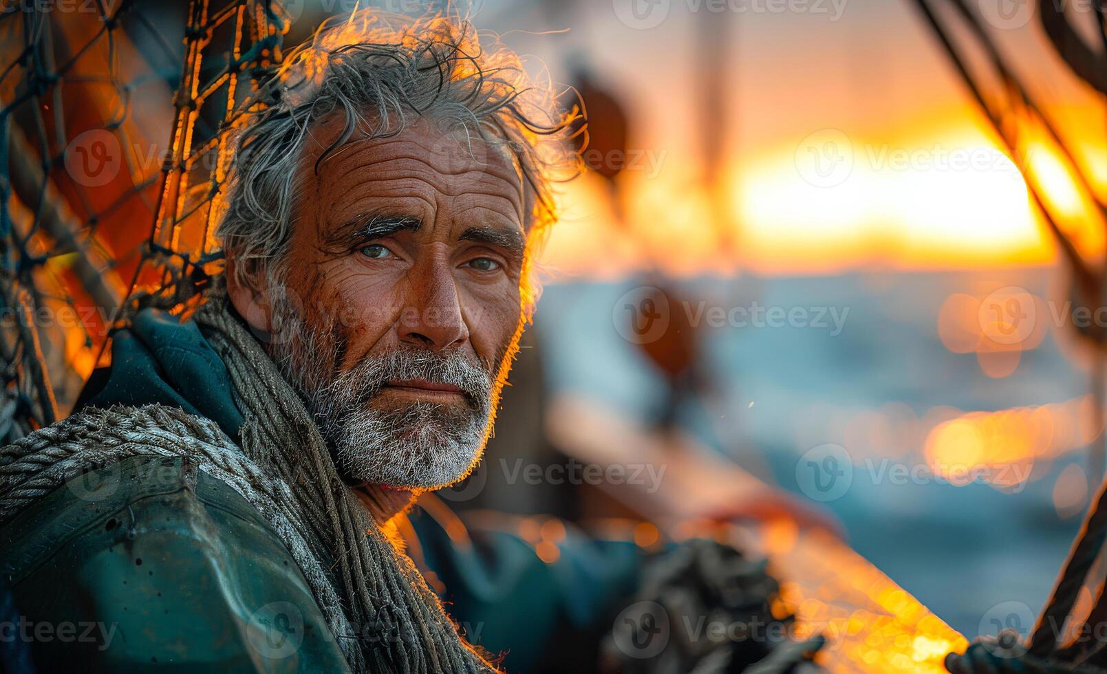 A middle aged fisherman in work is fixing his fishing nets on the deck of an old ship at dawn photo