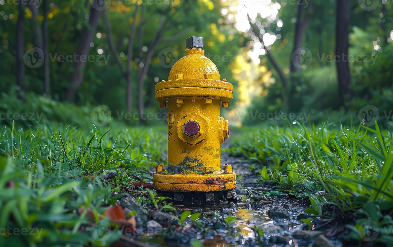 Yellow fire hydrant is surrounded by green grass and trees in forest. photo