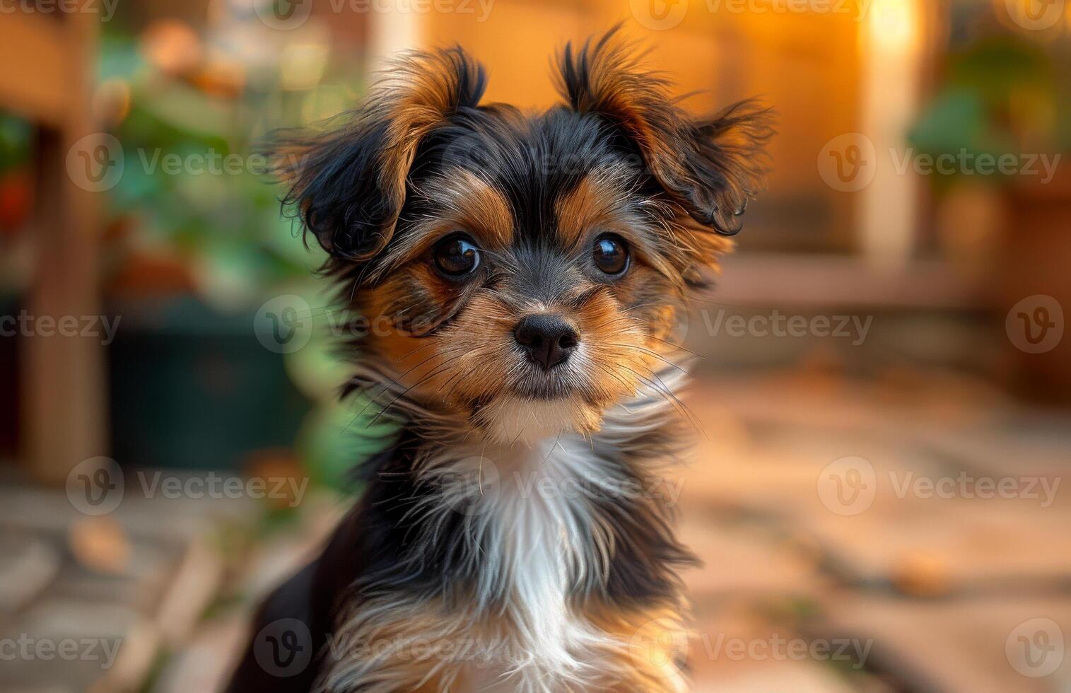 Cute little tricolor puppy is sitting on stone porch in the evening sun. photo
