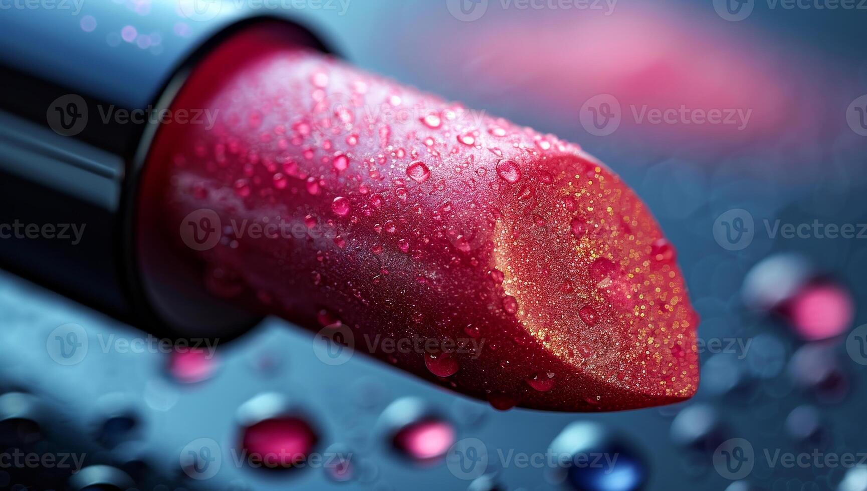 Red lipstick with water droplets on dark background photo