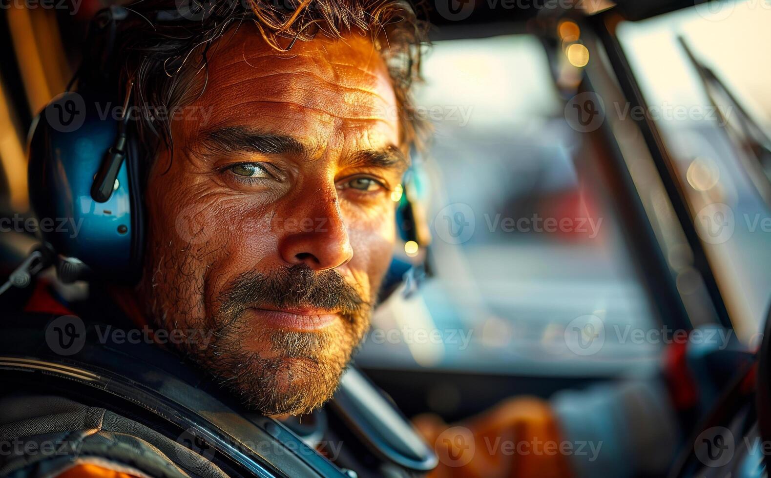 Man sits in car wearing headset and ear protection. photo