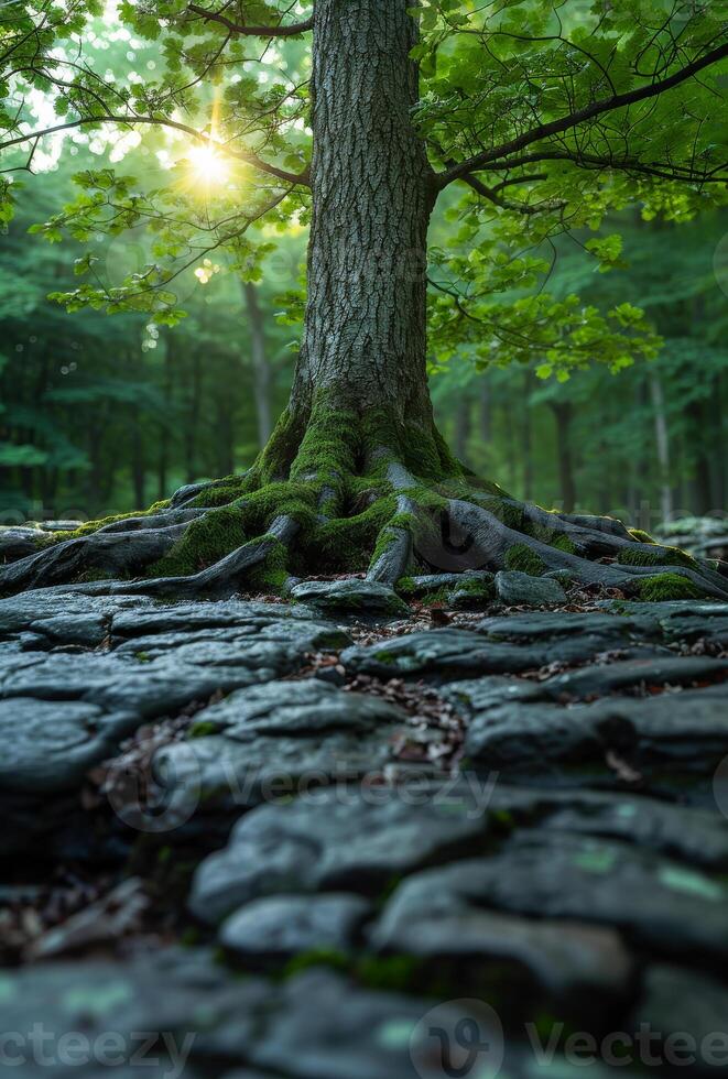 Tree with roots in forest photo