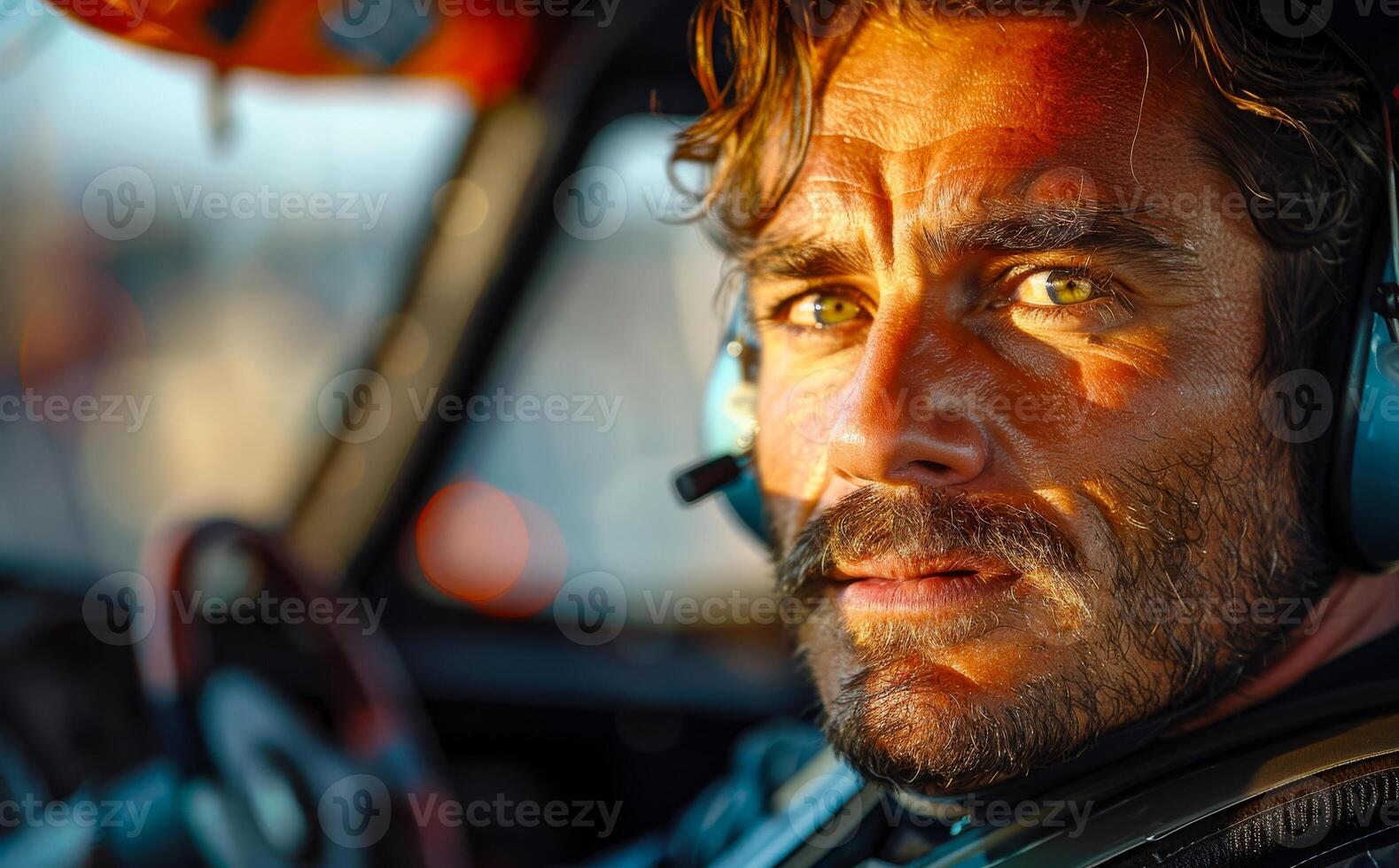 Man sits in car wearing headset and serious expression photo