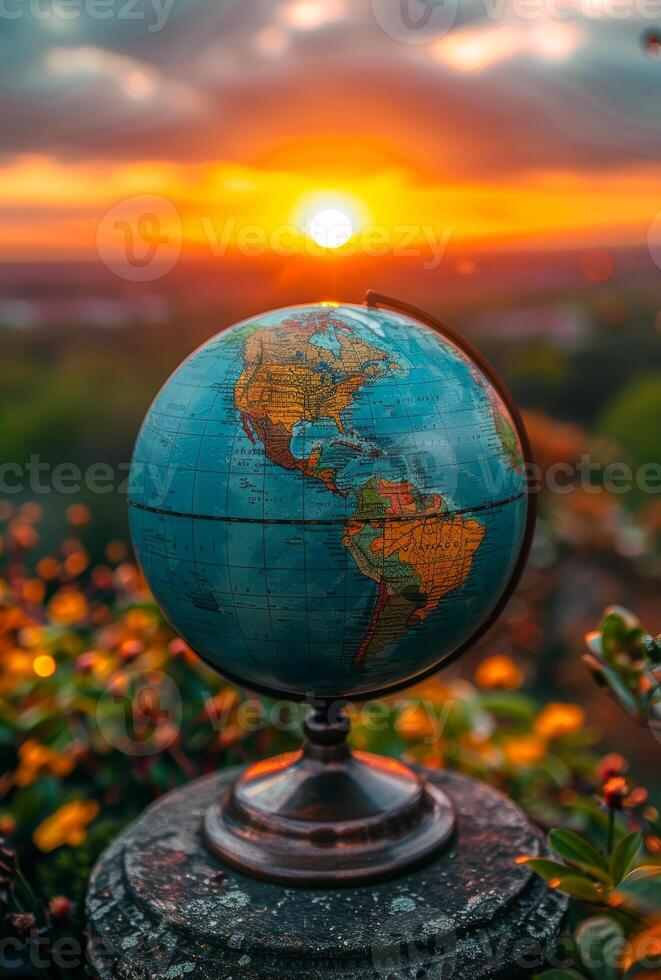 Globe of the world on stone and beautiful sunset in the background photo