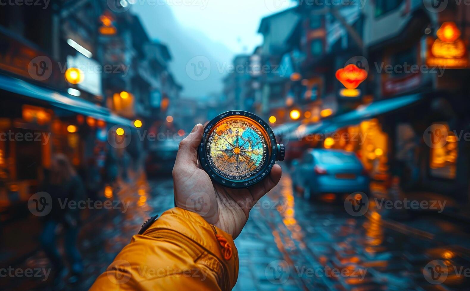 Person holds compass in their hand in the middle of wet street photo