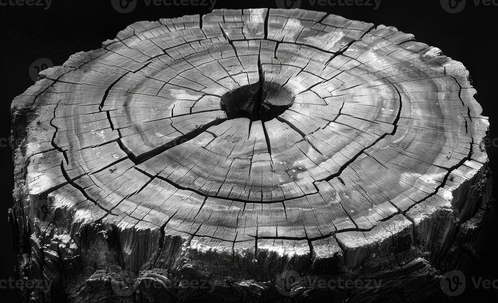 Cross section of tree trunk. Stump of tree with rings on black background photo