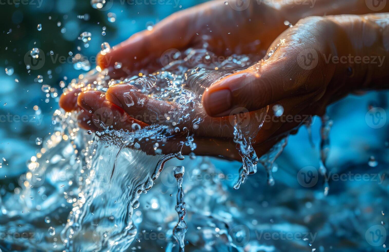 Woman cupped her hands under stream of water photo