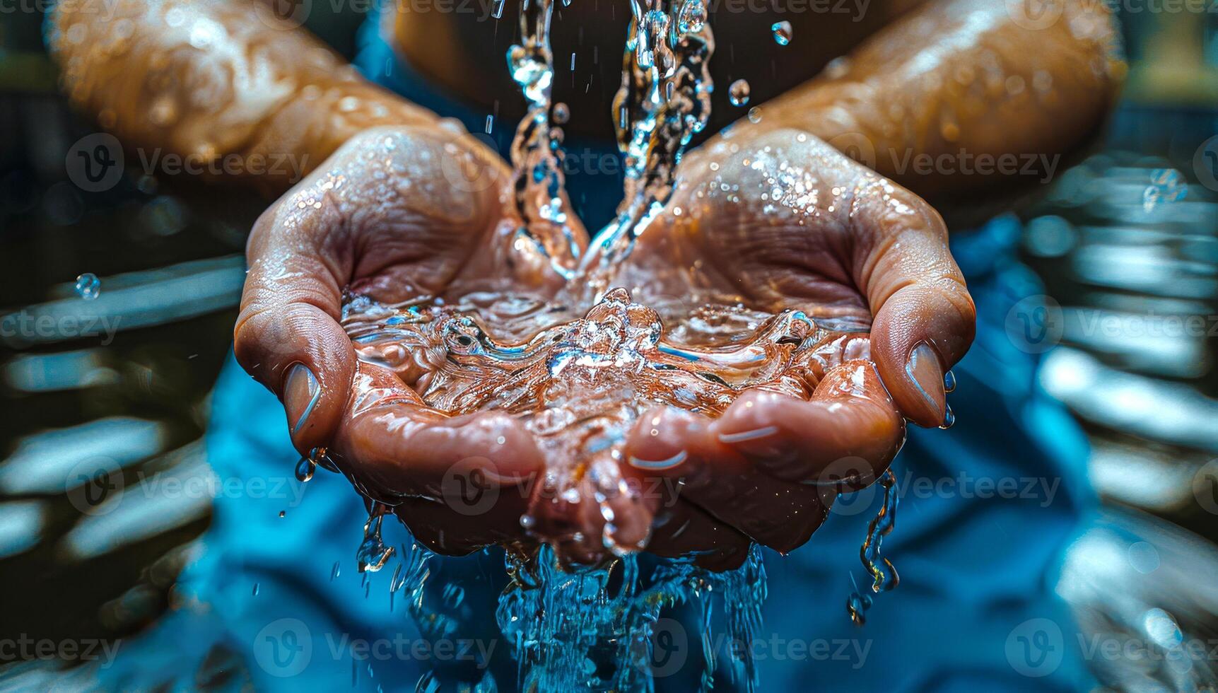 Hands cupped to catch water from stream photo