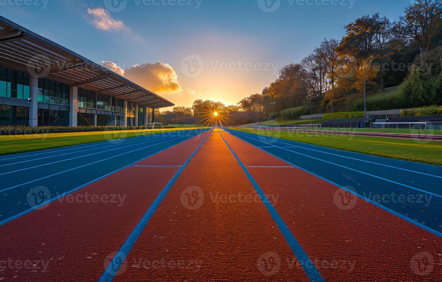 Running track and building with sunset in the background photo