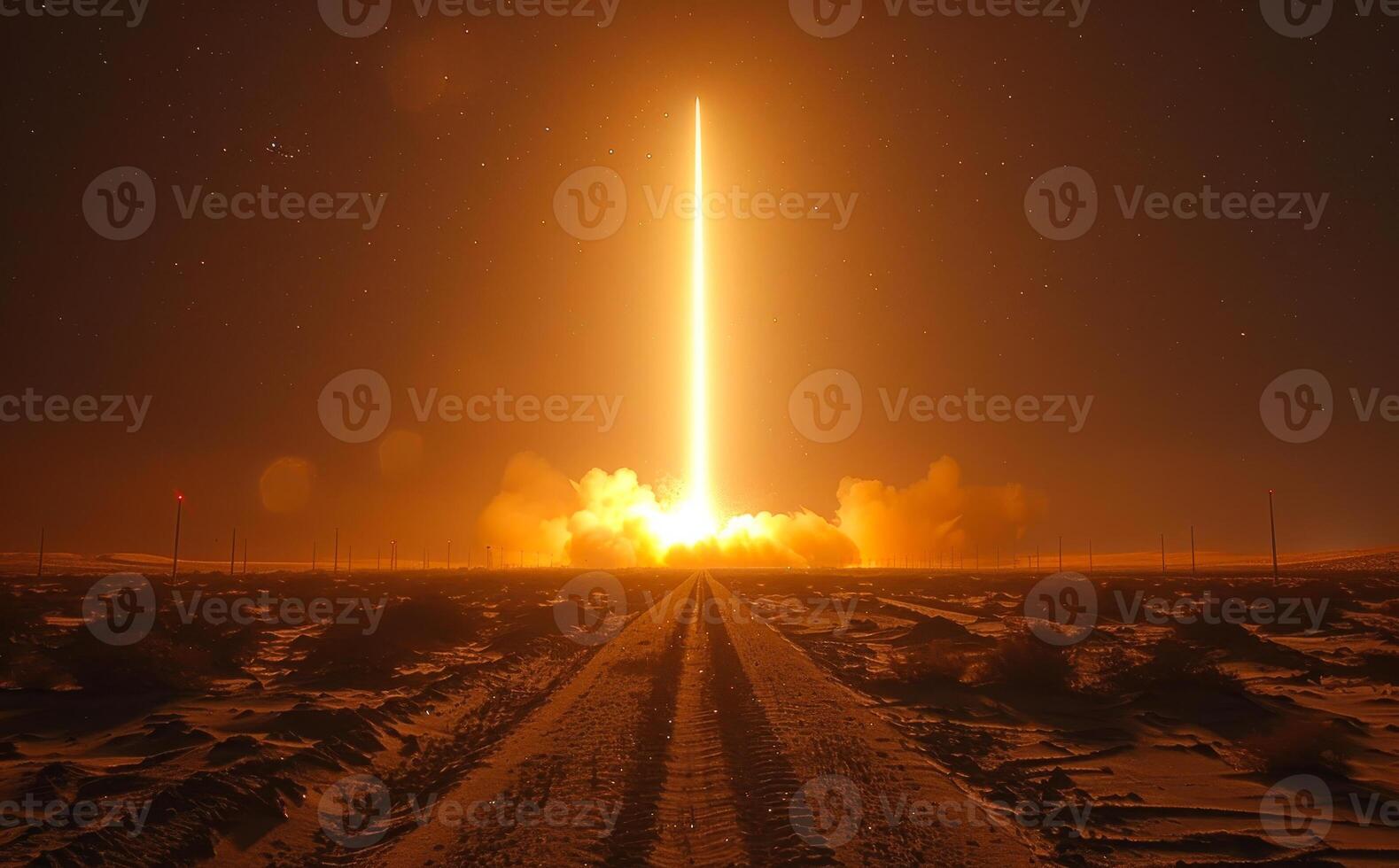Rocket launches into the sky. A missile launch at night photo