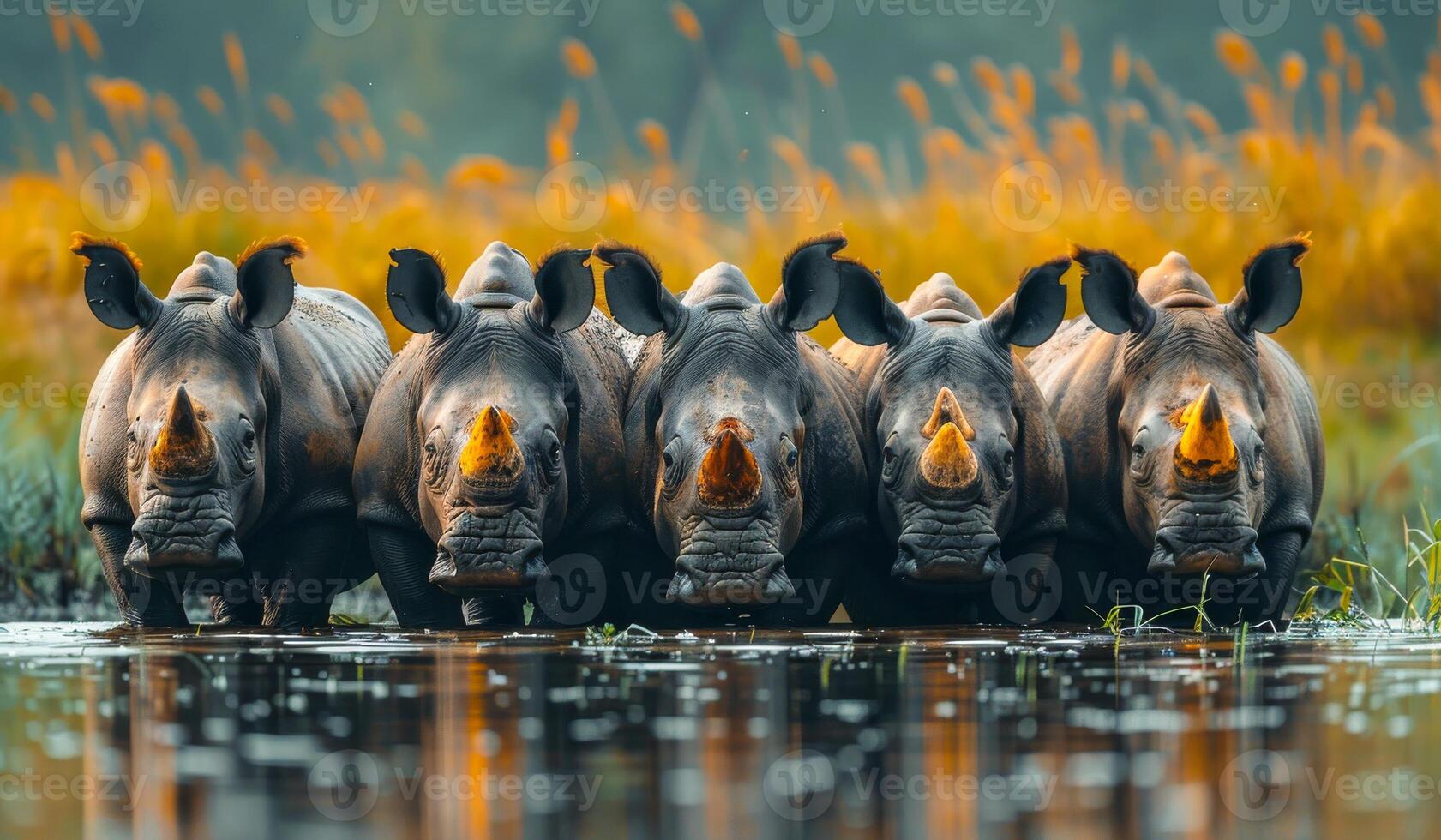 Family of rhinos wade through river in South Africa photo