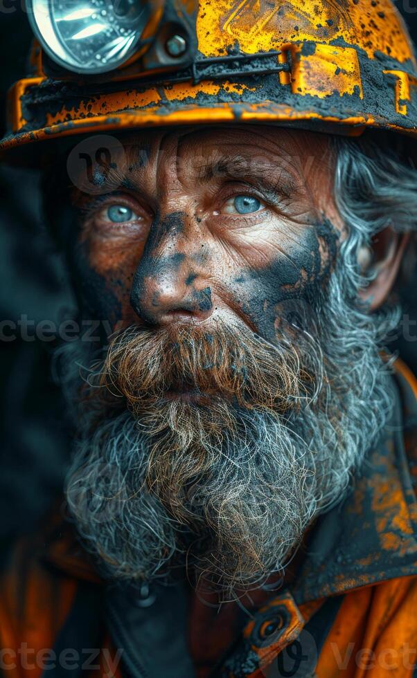 Portrait of bearded dirty coal miner with helmet on his head after working in the mine photo