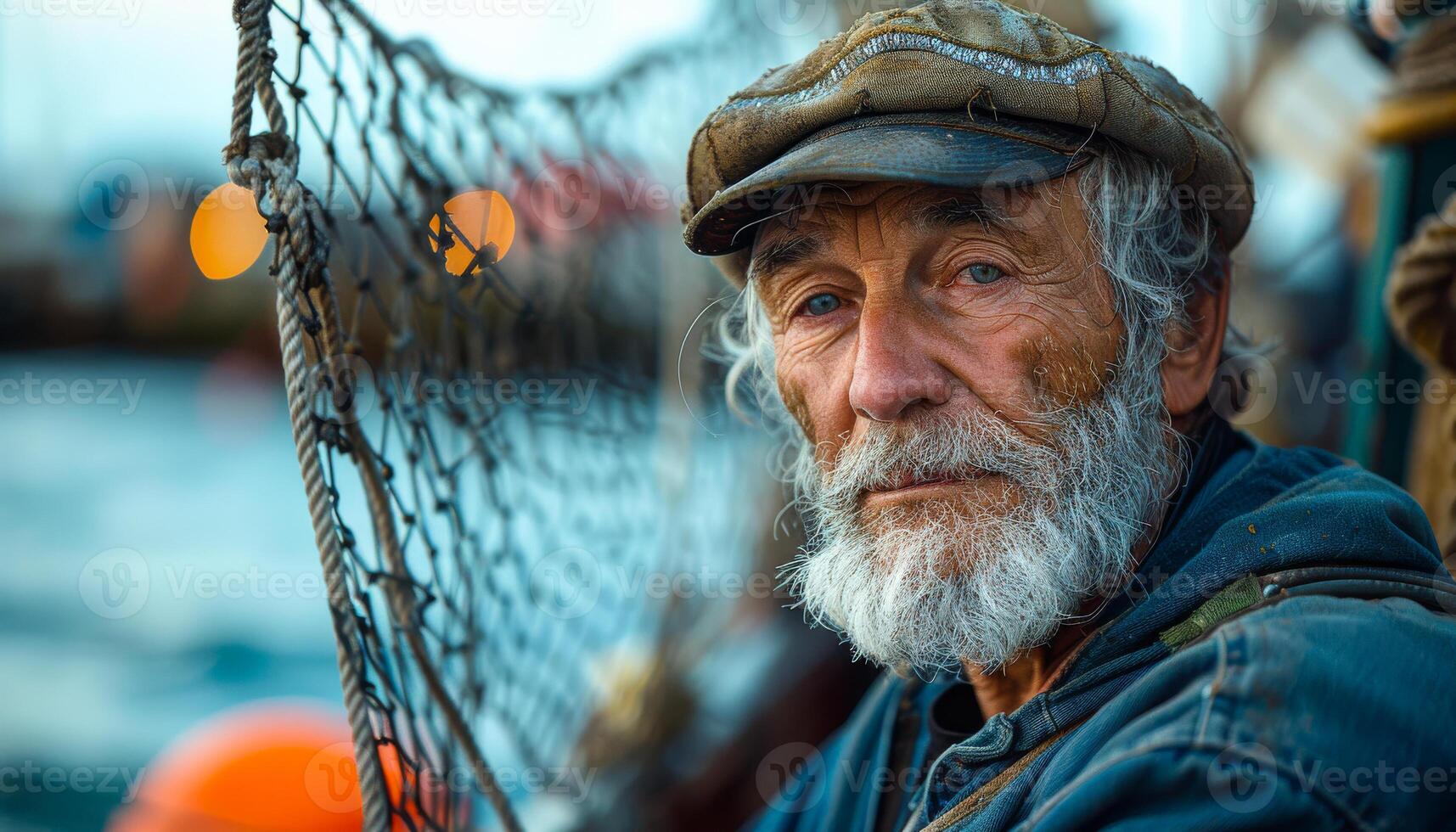 Old fisherman with white beard and cap sitting in the boat and looking at the camera photo