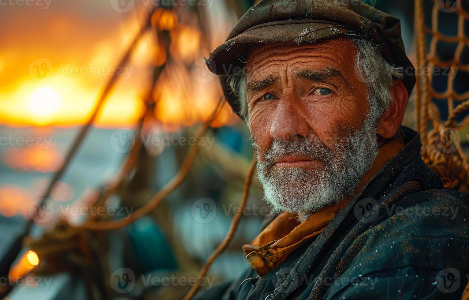 Old fisherman with gray beard and mustache sits in his boat and looks at the sunset photo