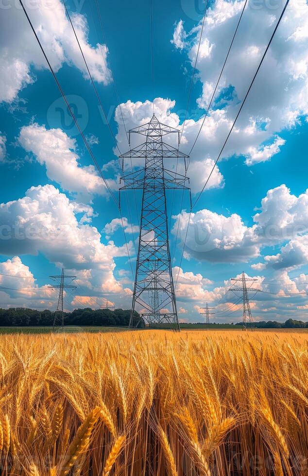 Wheat field and power line on sunny day photo