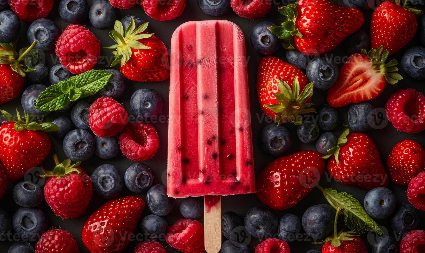 Red popsicle surrounded by fresh berries photo