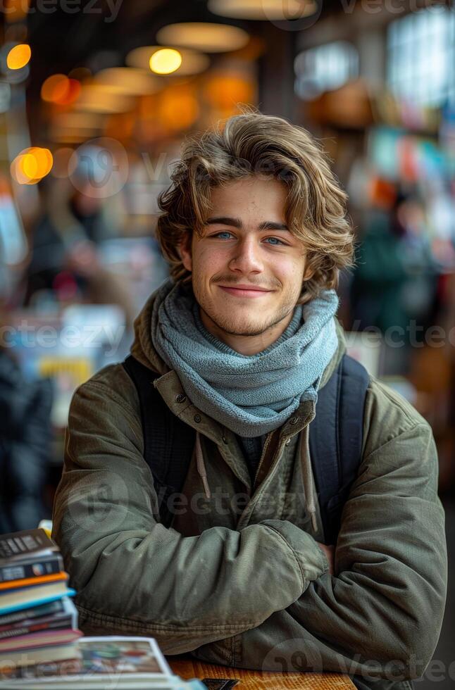 Young man is sitting in cafe with his arms crossed and smiling. photo