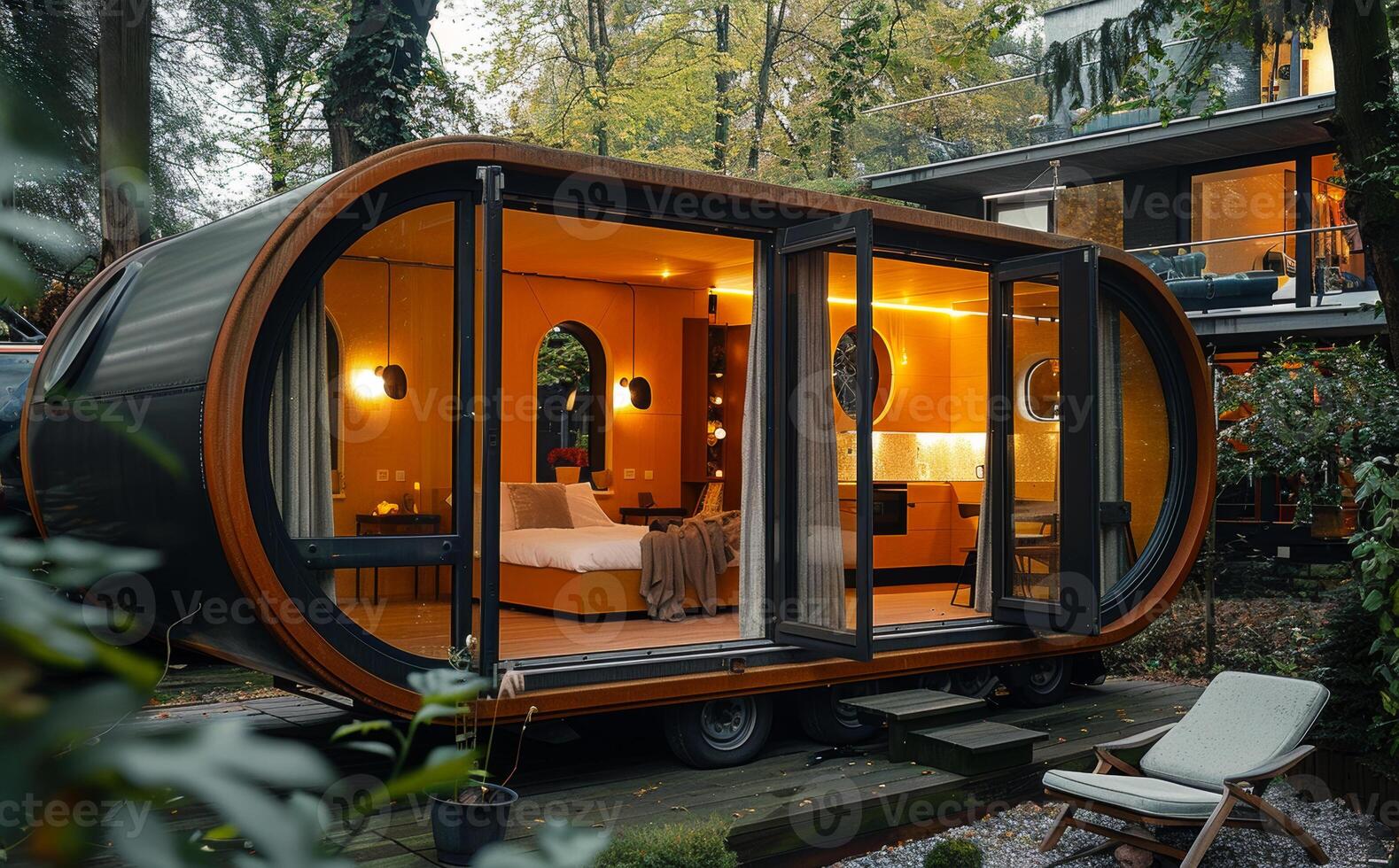 Small modern mobile home is parked in backyard with large glass window and doors open to bedroom. photo