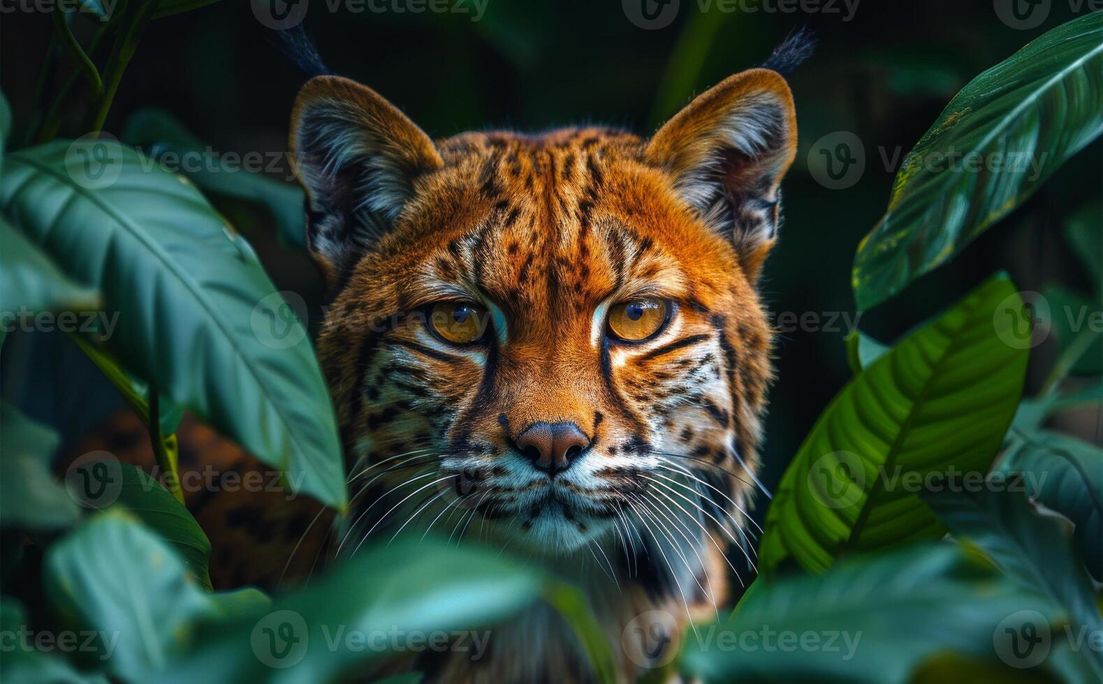 Amur leopard hiding in the green leaves wild cat hiding in the green grass Siberian leopard photo