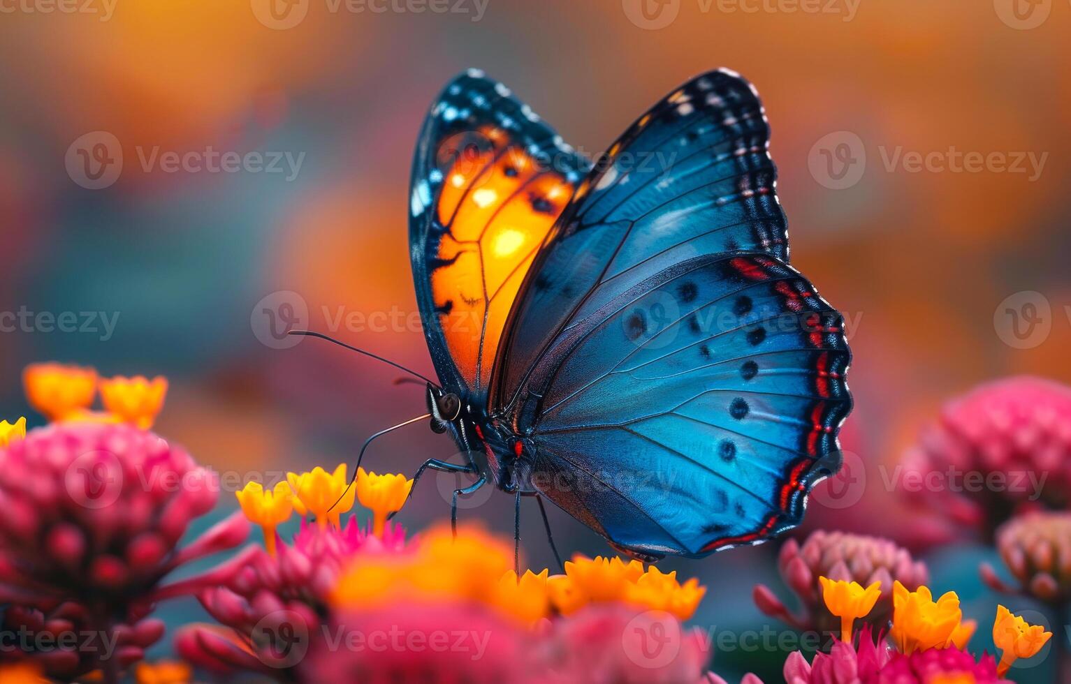 Blue butterfly on flower in the garden photo