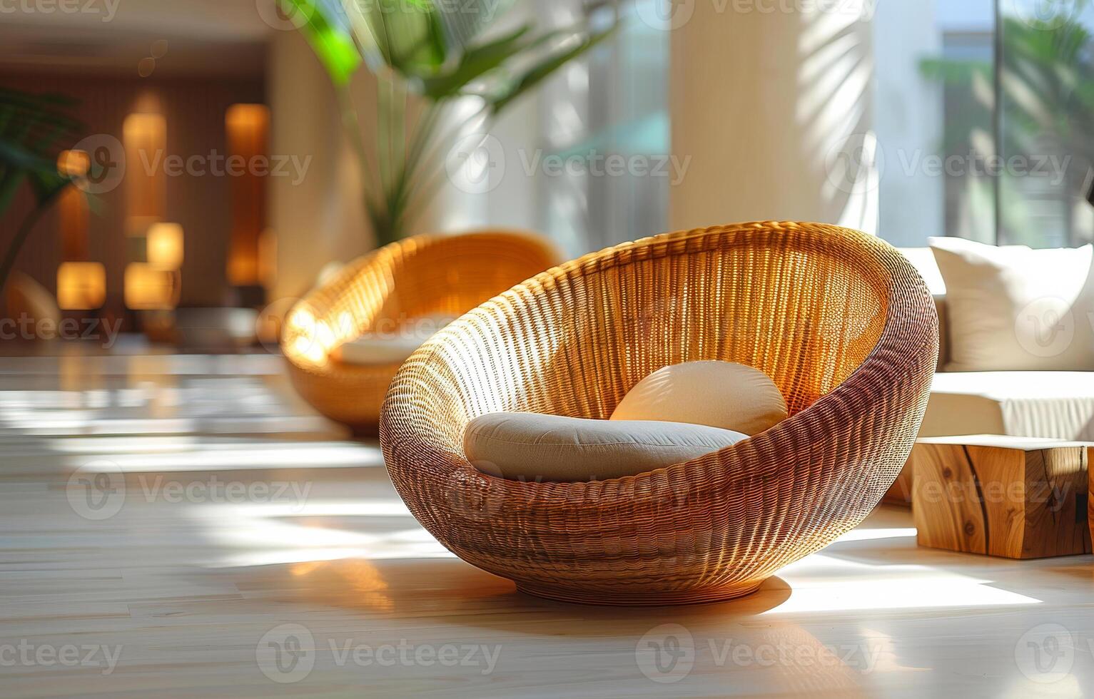 Wooden basket and white pillow on wooden floor in room with large window and plant photo