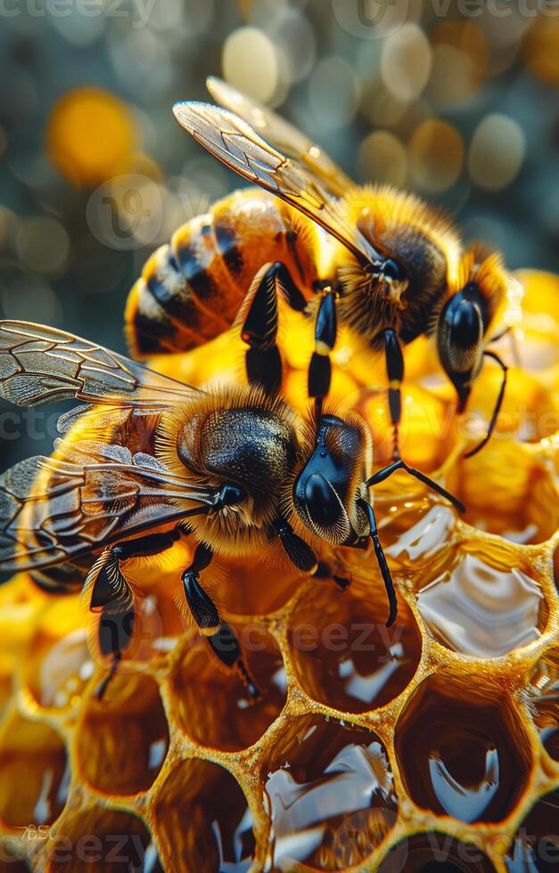 Close up view of the working bees on honey cells photo