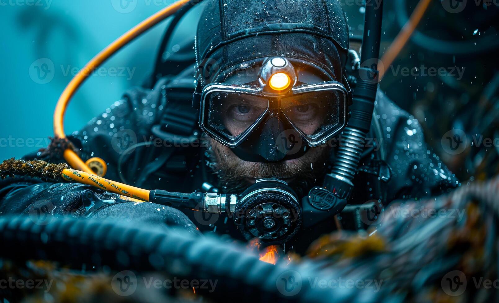 Scuba diver is underwater and looking at the camera. He is wearing full diving gear and head torch. photo