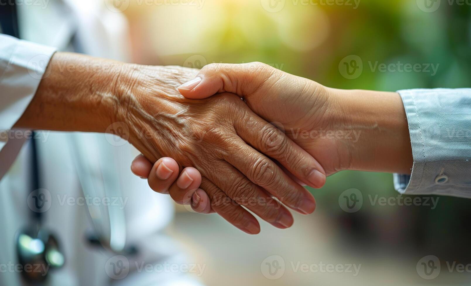 Doctor and patient shaking hands after successful medical treatment. photo