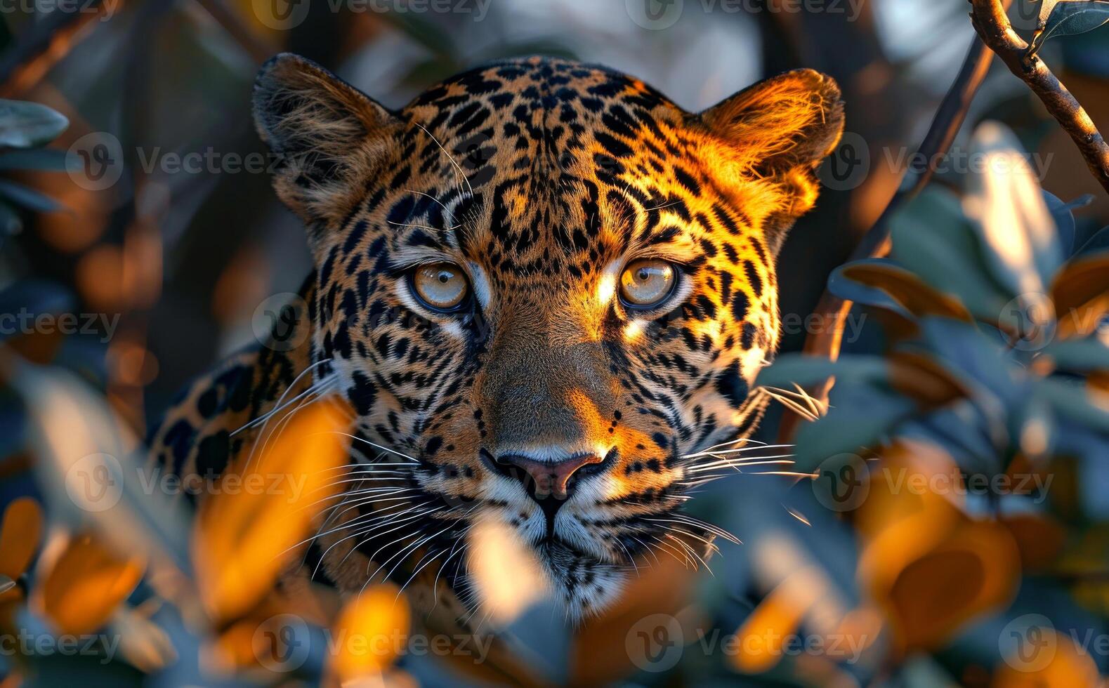 Jaguar looking directly at the camera through the leaves of tree in the Pantanal Brazil. photo