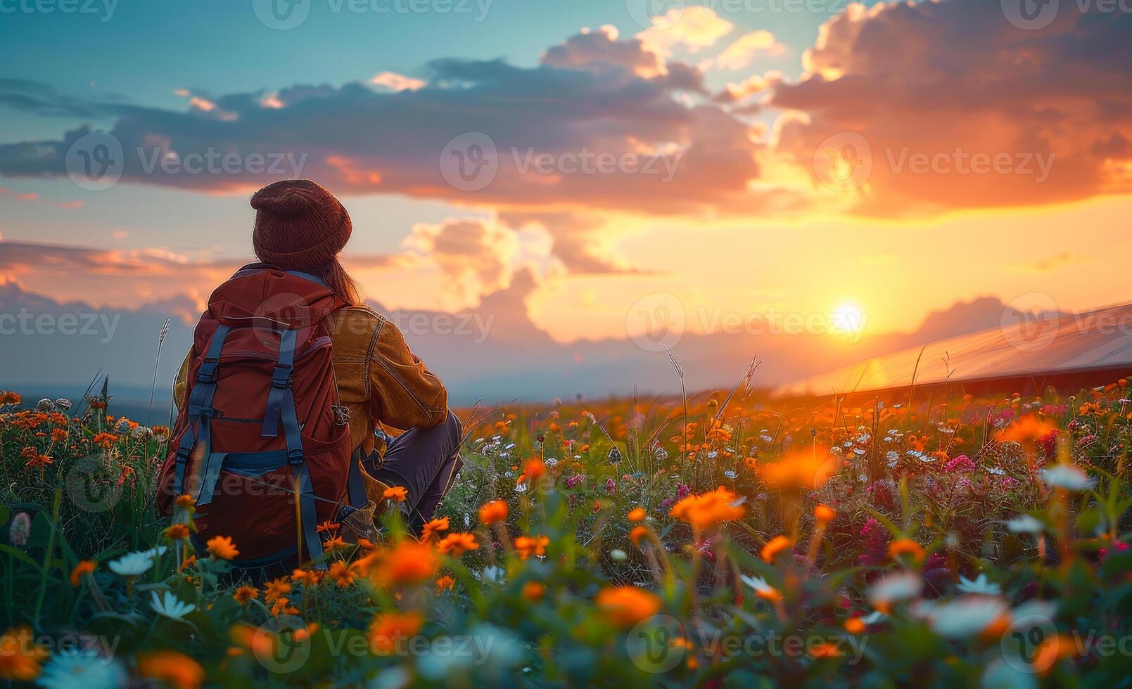 Hiker with backpack sitting on the grass and looking on sunset photo