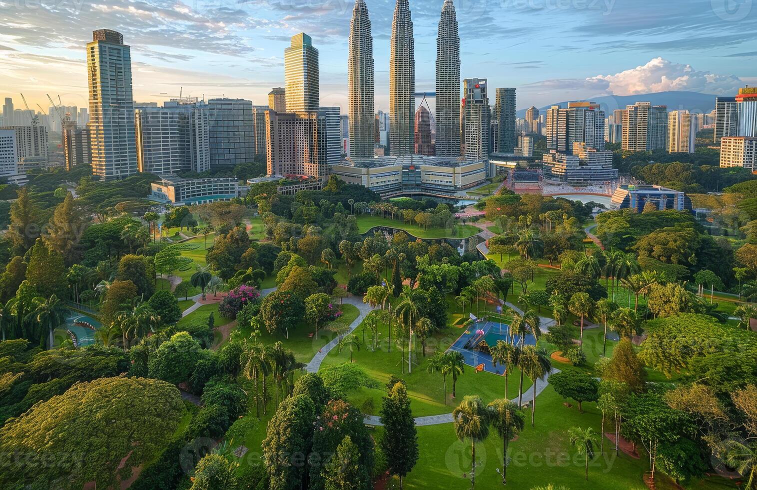 The city skyline and green park in the morning photo