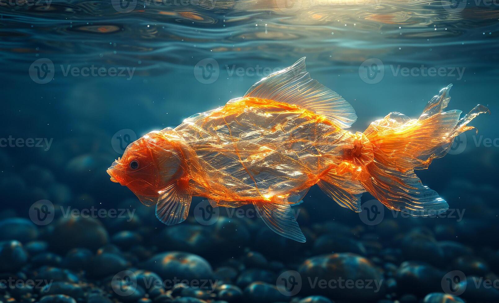 A plastic bag in the shape of a fish floats in the ocean. Environmental pollution photo