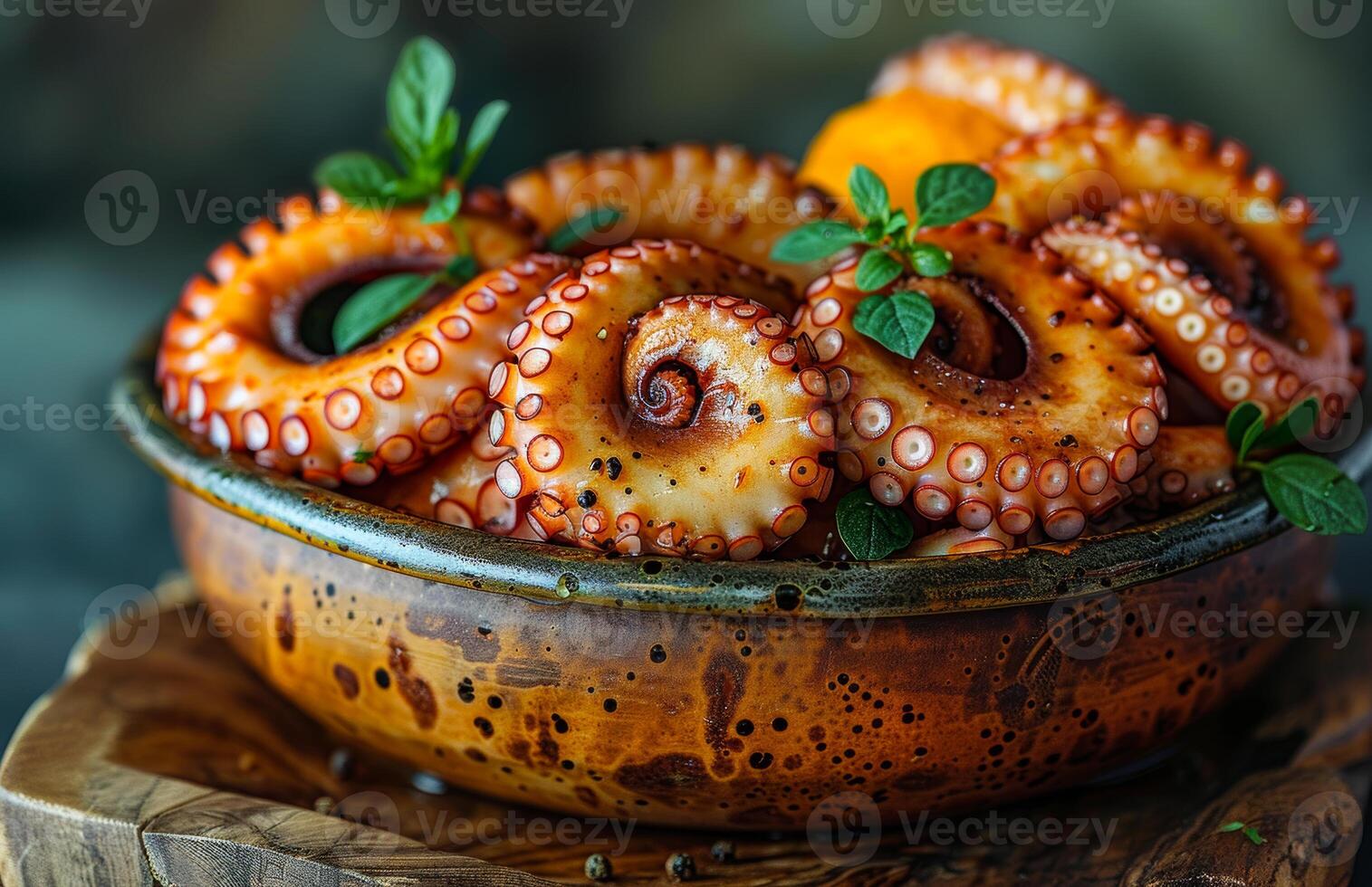 Octopus tentacles with fresh herbs in bowl photo