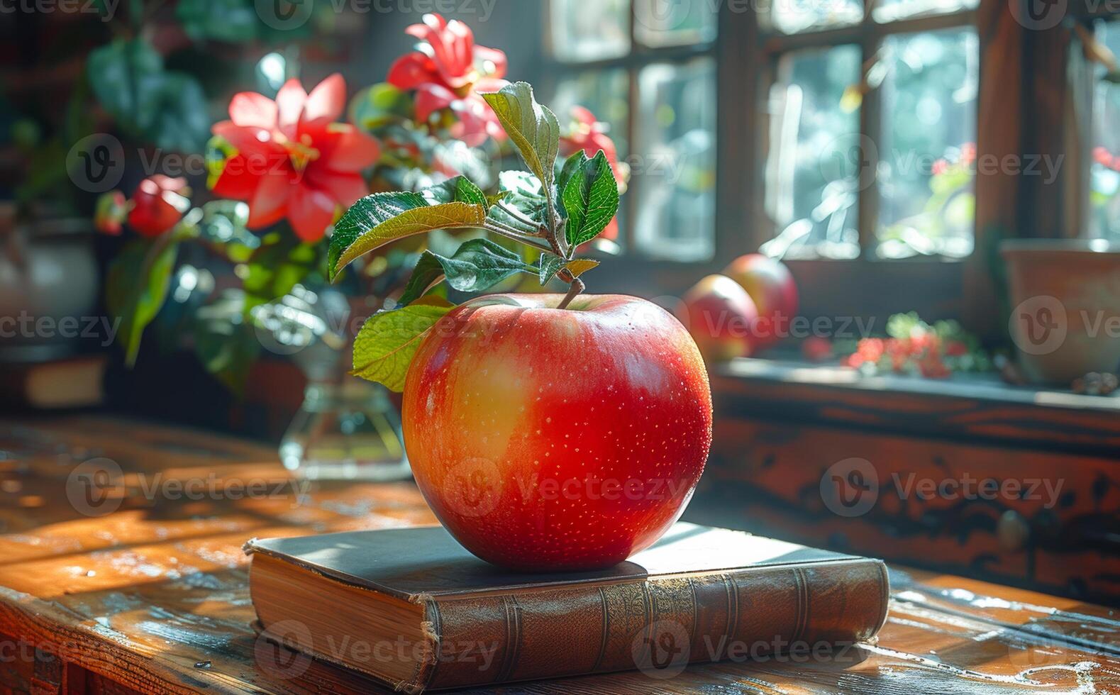 Red apple and books on wooden table. photo
