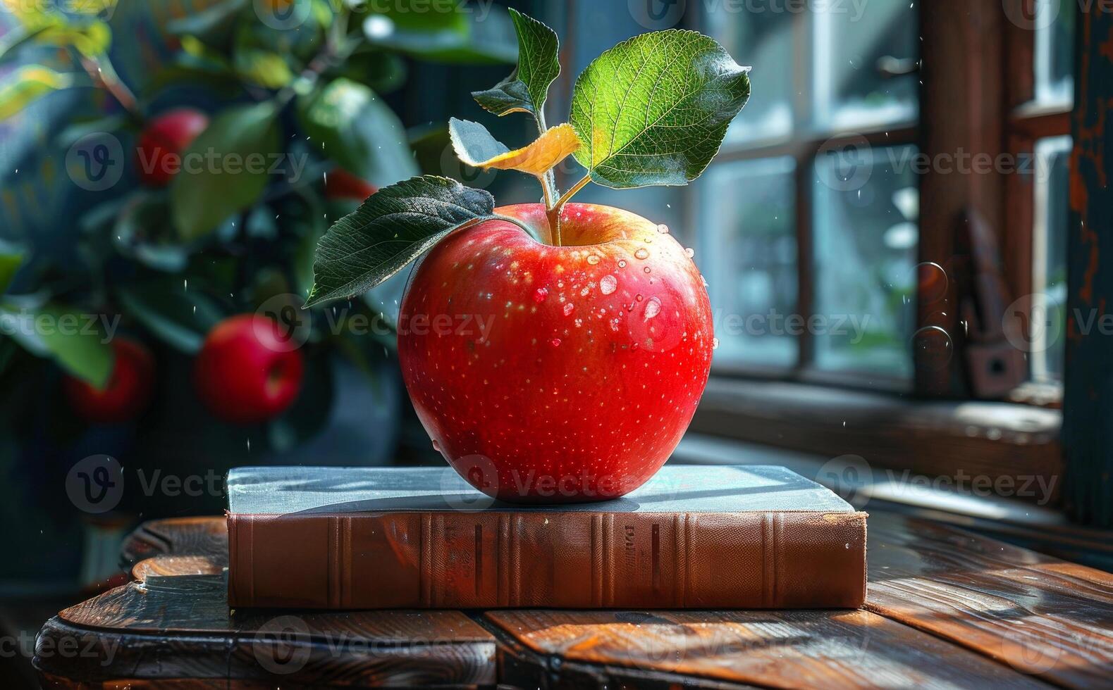 Red apple and old book on wooden table photo