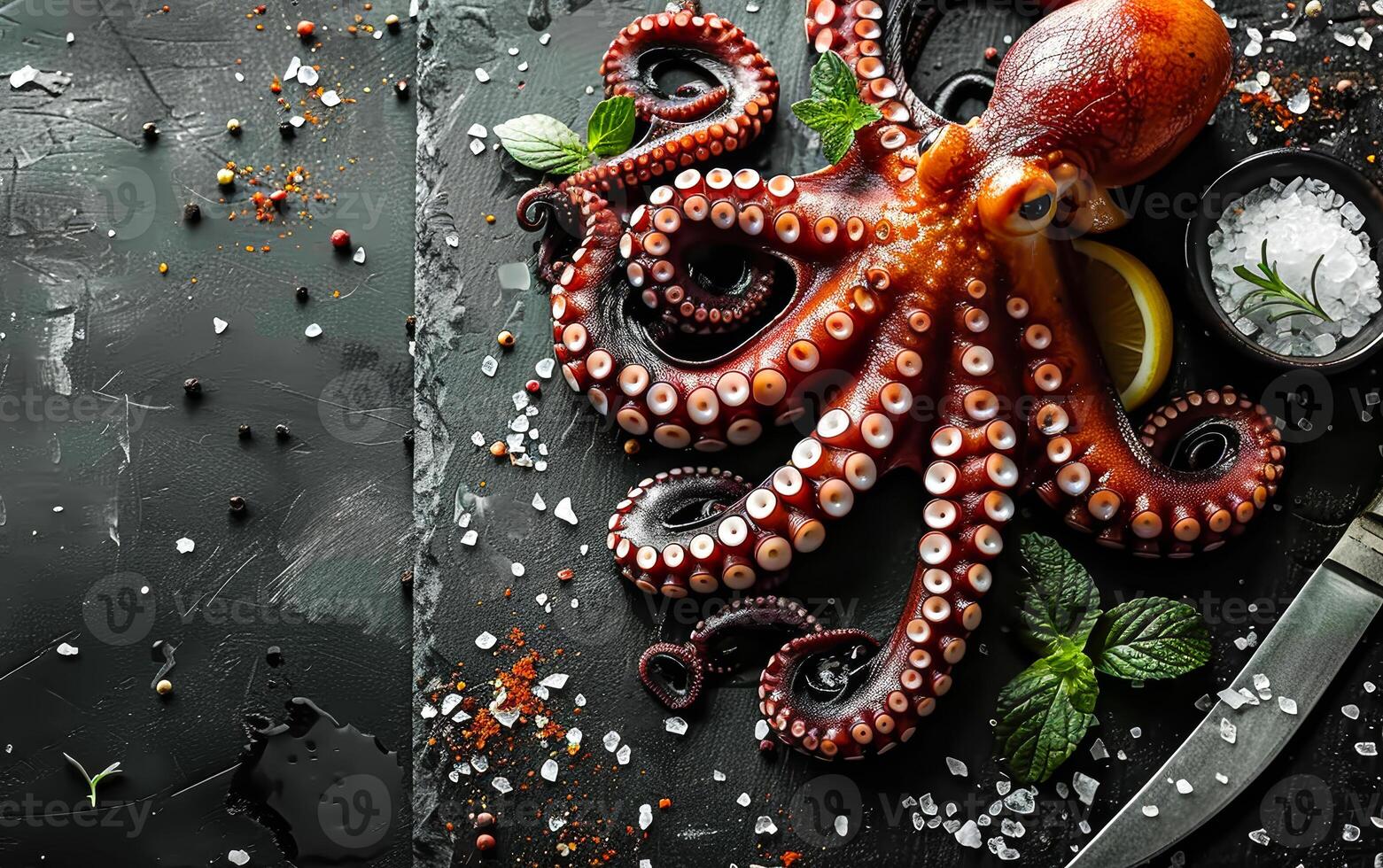 Fresh octopus on black stone background photo