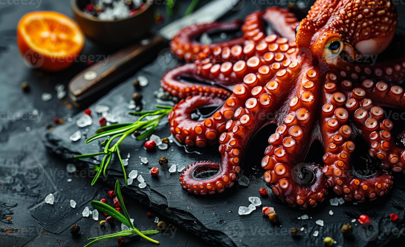 Fresh octopus on black stone plate with rosemary sea salt pepper and orange photo